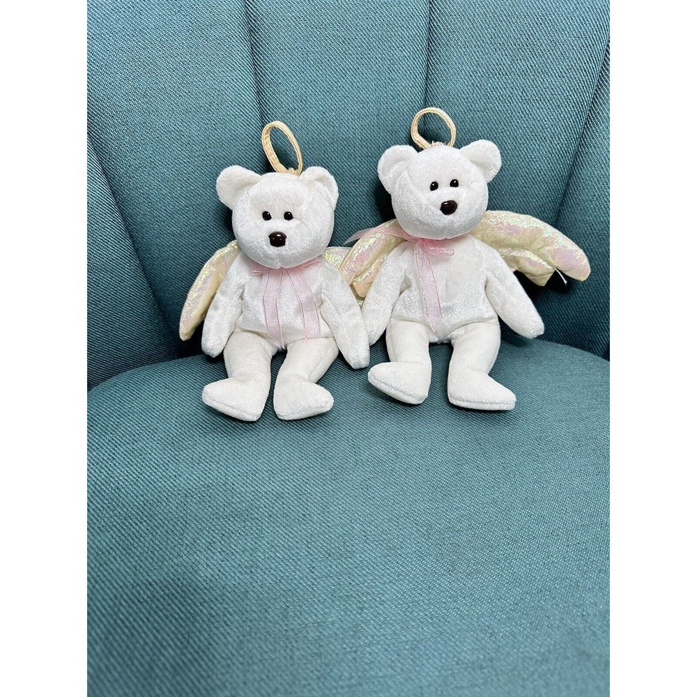 1998 RARE & RETIRED LOT OF 2 TY BEANIE‎ BABY~HALO THE ANGEL WHITE TEDDY BEAR 8"